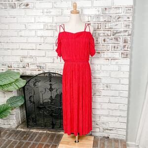 Express Vibrant Red A-Line Crinkle Material Laced Shoulders  Retro Midi Dress M